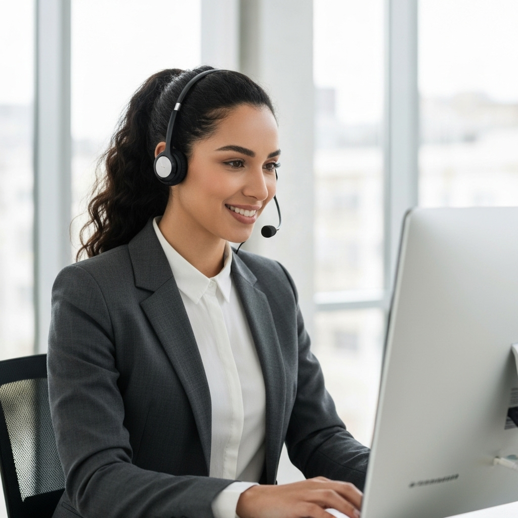 Professionele Marokkaanse virtual assistant achter computer met headset - Taskbird VA services Europa | Online assistent voor freelancers en ondernemers | Email management en CRM administratie uitbesteden